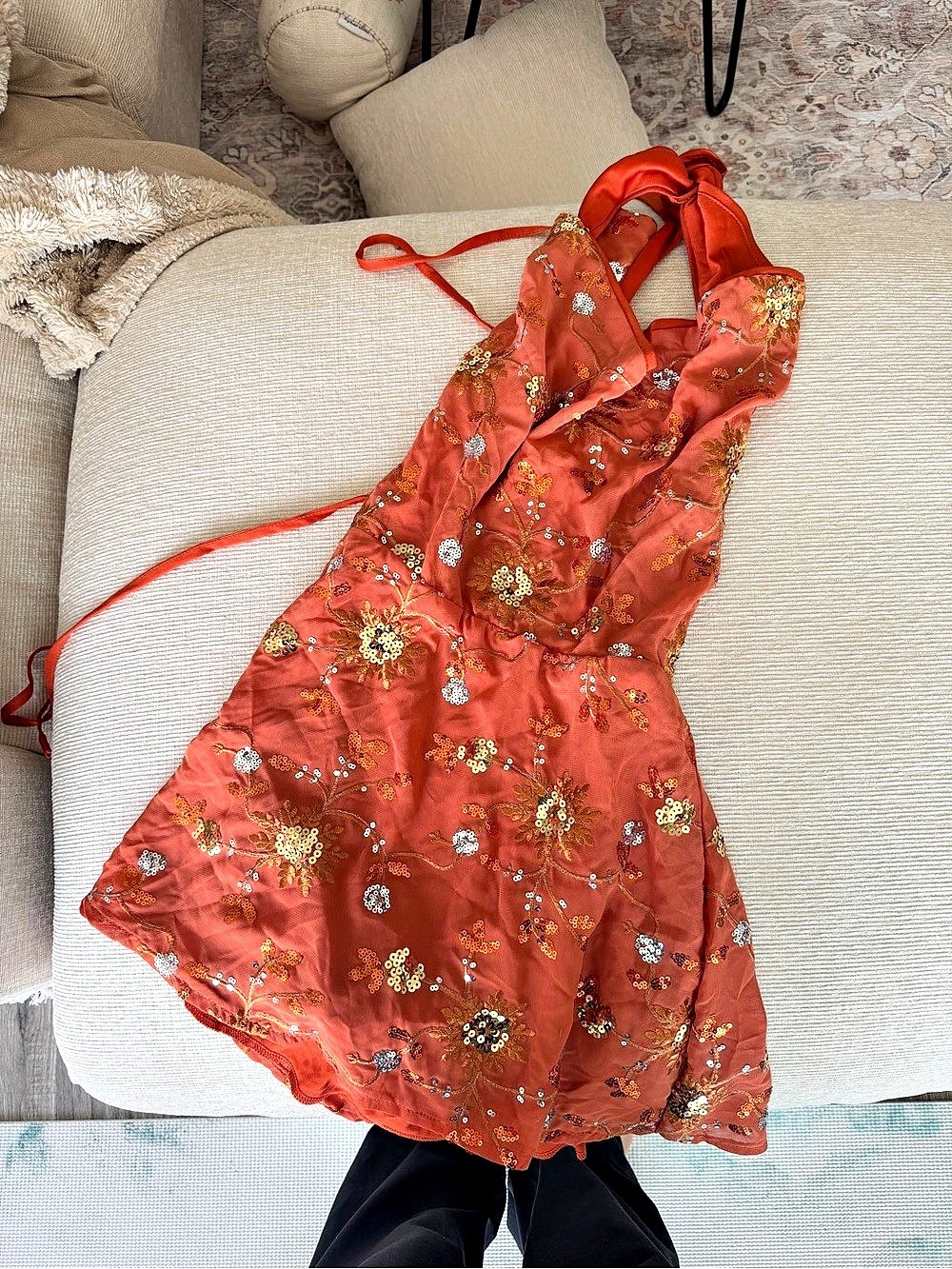 Burnt orange, backless, halter sequence Mini Dress in Red Like New